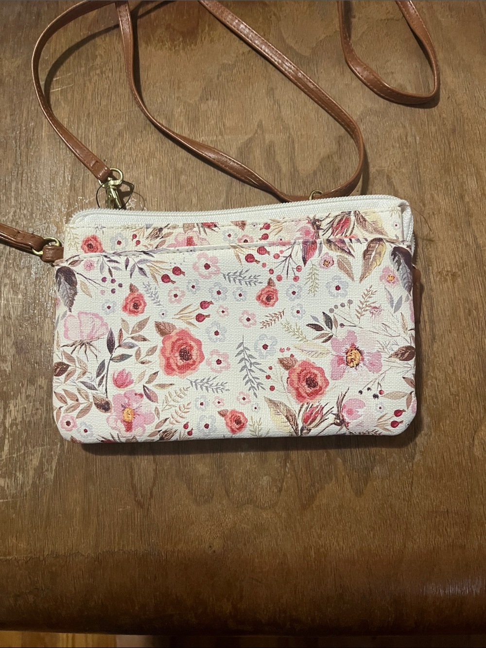 Pink Floral Crossbody Bag with Brown Strap